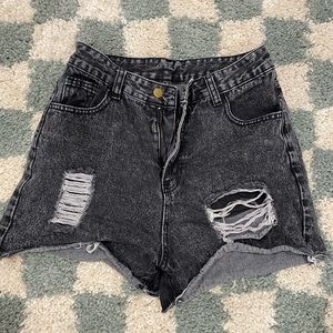 Black acid washed high waisted distressed shorts